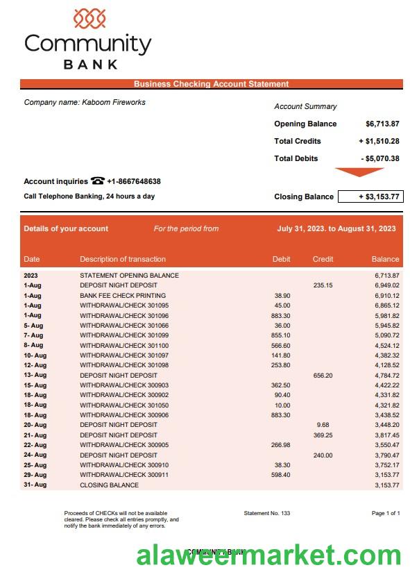 Community Bank Business statement Word and PDF template